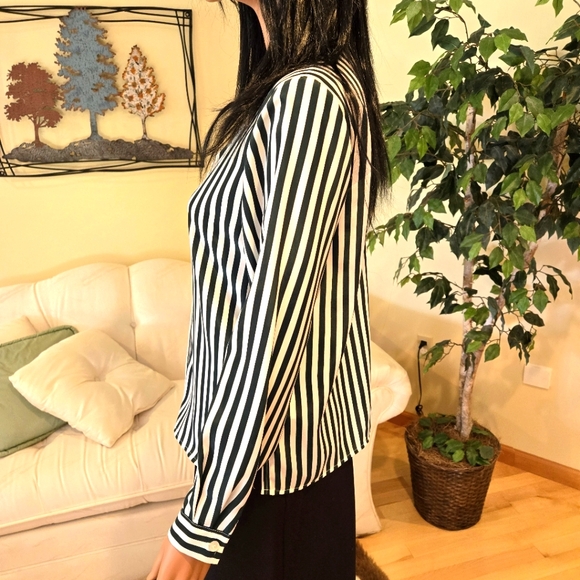 Leslie Fay Black & White Striped Woman's Ling Sleeve Blouse Size 8 Petite - Picture 7 of 16
